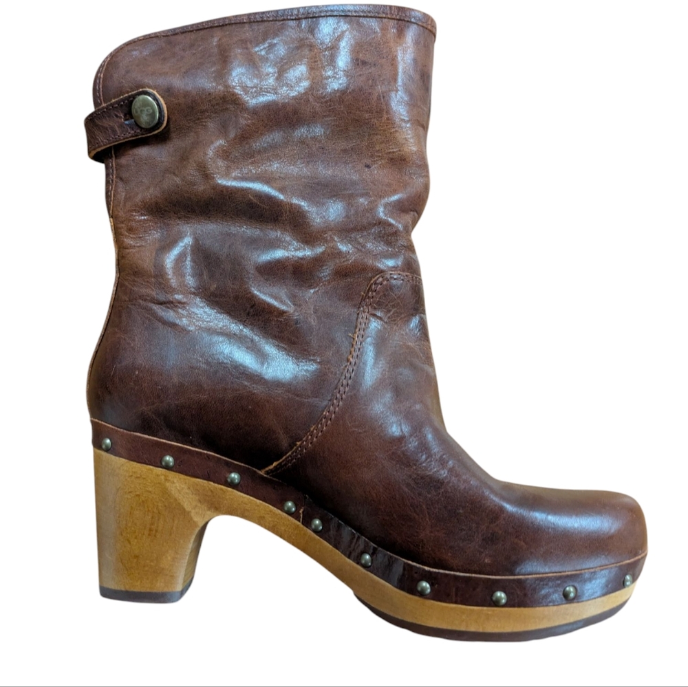 UGG Lynnea Fold Over Sheepskin Lined Brown Leather Boots Size 5 - Picture 4 of 14